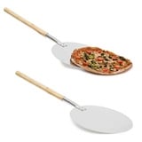 relaxdays Pizzaschieber 2 x Pizzaschaufel rund braun|silberfarben