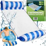 KRUMAD Wasserhängematte Aufblasbar 115x65 cm, Schwimmliege mit Netz und Kopfstütze, Pool Luftmatratze für Erwachsene, Strand & Meer, Blau-Weiß - Blau