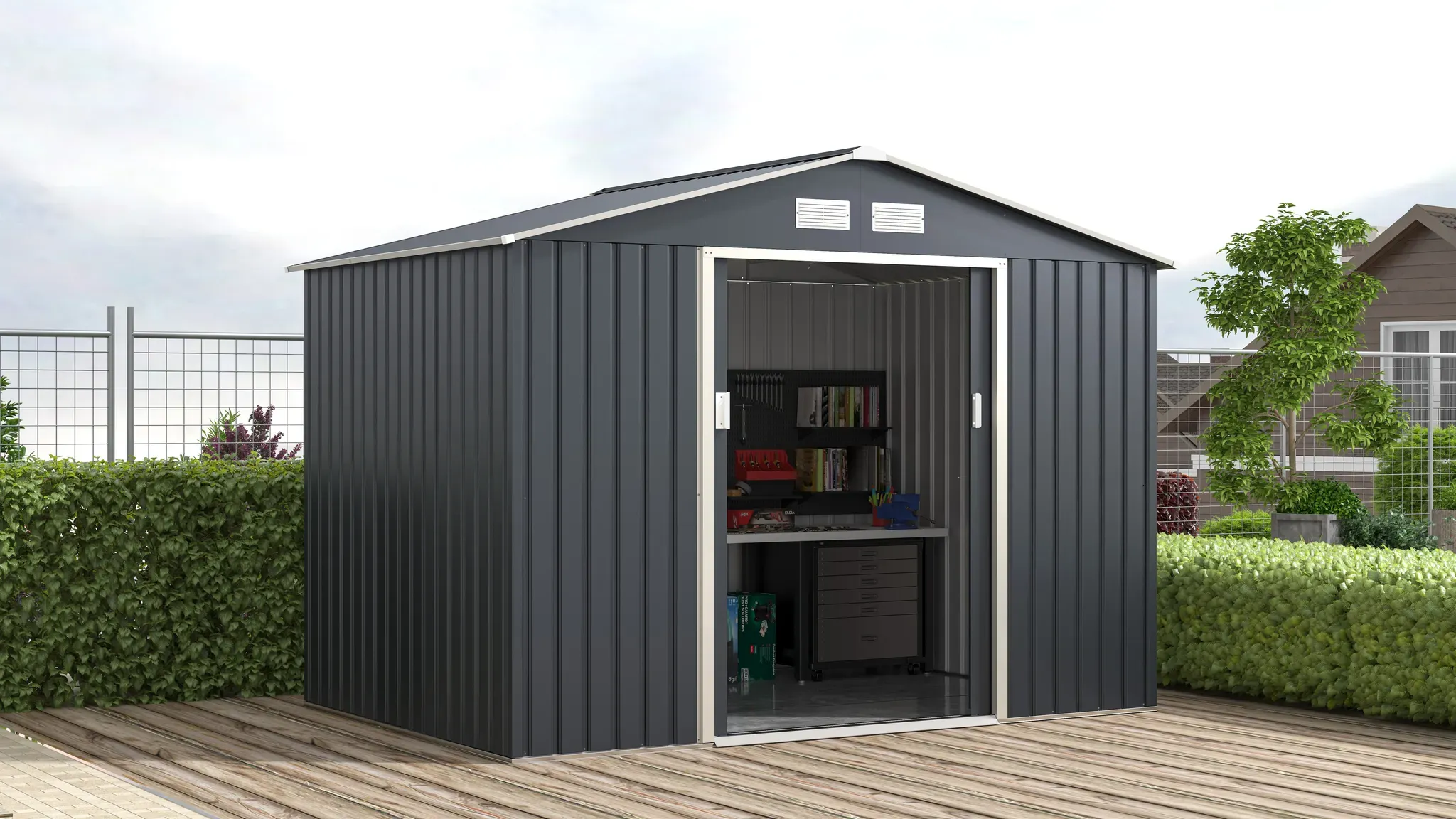 Gerätehaus KONIFERA "Gartenhaus Metall Geräteschuppen, inkl. Bodenrahmen", grau (anthrazit, beige), Metall, Gerätehäuser, wetterfest und langlebig, nahezu wartungsfrei