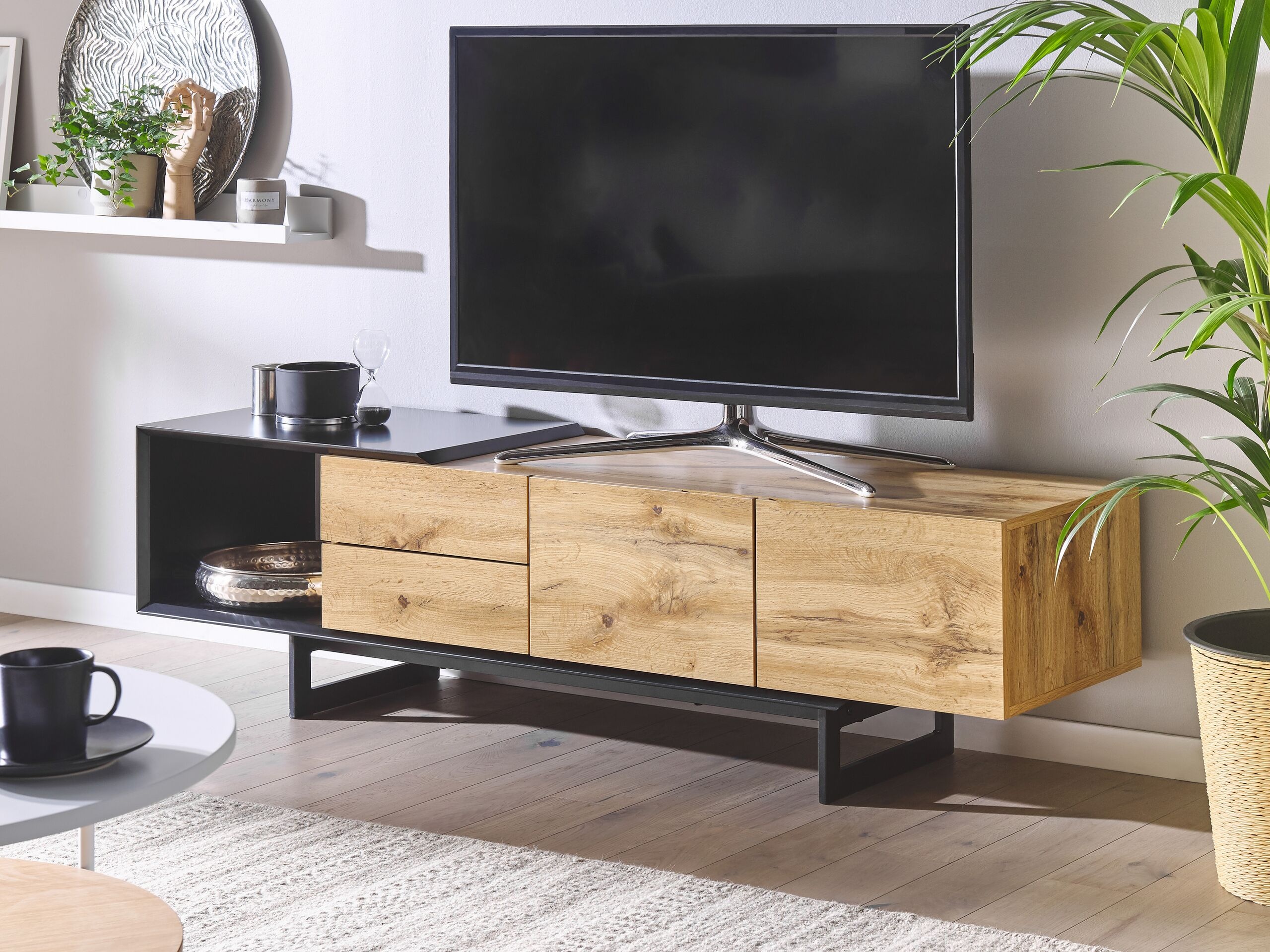TV-Möbel heller Holzfarbton / schwarz 160 x 39 x 44 cm  FIORA