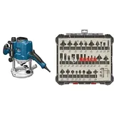 Bosch Professional Oberfräse GOF 1250 CE (inkl. Kopierhülsenadapter, Parallelanschlag, Maulschlüssel 19 mm, Spannzange, im Karton)+30tlg. Fräser Set Mixed (für Holz, Zubehör Oberfräsen mit 8mm Schaft)