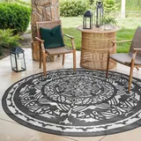 evocamp Outdoor Teppich rund Ø 240 cm, Kunststoffteppich, wetterfest und leicht, Picknickdecke für den Outdoor-Bereich, Vorzeltteppich aus Kunststoff-Fasern, für Terrasse und Balkon (Grau-weiß)