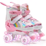 OLYSPM Rollschuhe Kinder Verstellbar Rollschuhe Damen,LED Rollschuhe und 4 Größen verstellbar,mit Aufbewahrungstasche für Mädchen,Jungen und Anfänger(BlassRosa,S)