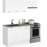 Komplettküche 180 cm subtil mit 5-teiliger Arbeitsplatte in Weiß und Betonplatten