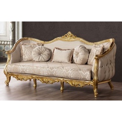 Casa Padrino Luxus Barock Sofa Beige / Gold - Prunkvolles Wohnzimmer Sofa mit Muster - Prunkvolle Barock Wohnzimmer Möbel