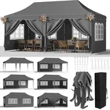 Faltpavillon 3x6 Pavillon Wasserdicht Stabil, Faltbar Gartenzelt 3x6 mit 6 Seitenwänden,UV Schutz 50+ Partyzelt con 12 Erdhaken 6 Seile und 6 Sandsäcke,Gartenpavillon für Markt,Hochzeiten,Freien, Grau