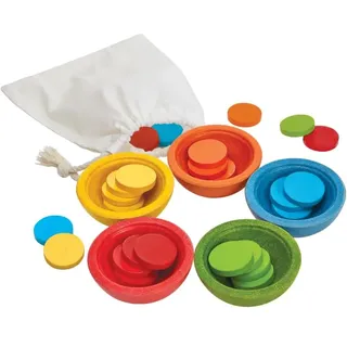 PlanToys Tassen sortieren und zählen - Holzspielzeug - 5 farbigen Holzbechern und 25 passenden Holzplättchen -Montessori Spielzeug - Motorikspielzeug