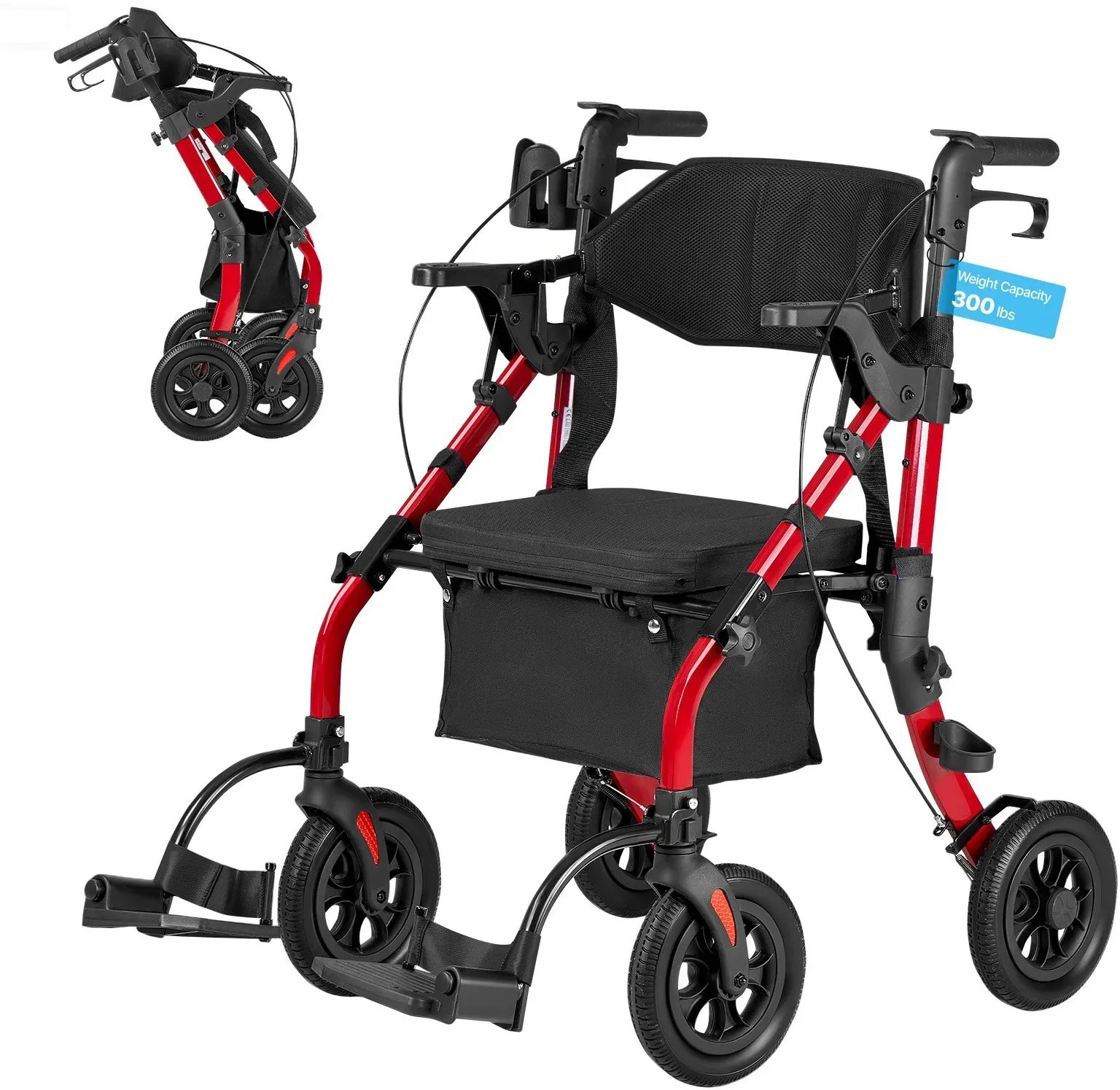 VEVOR 2-in-1 Rollator Faltbar mit Sitz, Leichter Gehwagen mit Reifen, Gehhilfe bis 136 kg mit Rückenlehne Tasche Gehstockhalter, Höhenverstellbare Laufhilfe mit Feststellfunktion für Senioren, Rot