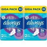 Always Ultra Binden Damen Gr. 2, Long (32 Damenbinden mit Flügeln) Giga Pack, dünn und super saugfähig, geruchsneutralisierend und Auslaufschutz (Packung mit 2)