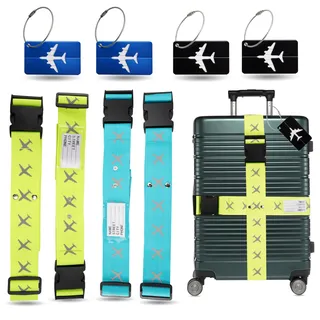 TK Gruppe Timo Klingler XXL Set 4X Kofferband & 4X Kofferanhänger - Koffergurt besonders auffällig - Gurtband inkl. Namensschild für Koffer & Gepäck - Luggage Strape
