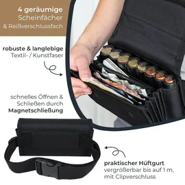 HMF Kellner Geldbörse mit verstellbarem Gürtel, Kellnertasche mit Euro-Geldwechsler und Reißverschlussfach 20,5 x 10 x 6,5 cm Schwarz