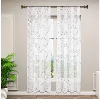 Woltu Gardinen transparent Blumen Stickerei mit Kräuselband Leinen Optik(2 Stücke) Grau 140x225 cm,