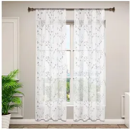 Woltu Gardinen transparent Blumen Stickerei mit Kräuselband Leinen Optik(2 Stücke) Grau 140x225 cm,