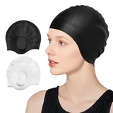 Badekappe, 100 % Silikon, wasserdicht, mit Ohrenschutz, Badekappen für Damen/Herren, große schwarz/weiße Badekappen, die das Haar trocken halten, Damen-Badekappe für langes/kurzes Haar, 2 Stück