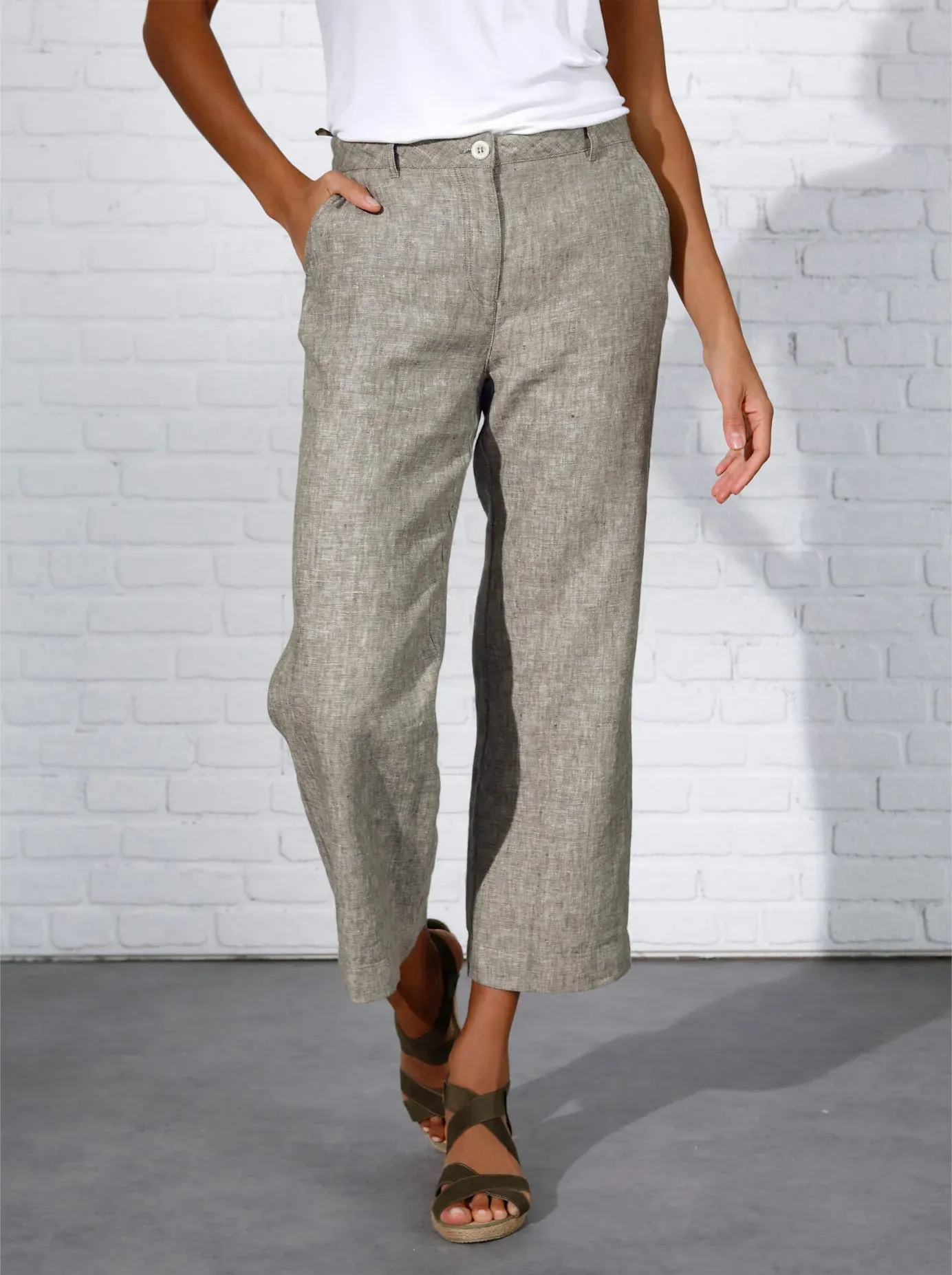 Leinenhose CREATION L PREMIUM, Damen, Gr. 25, Kurzgrößen, grün (khaki, weiß, meliert), 100% Leinen, meliert, unifarben, 7/8-Länge, Hosen