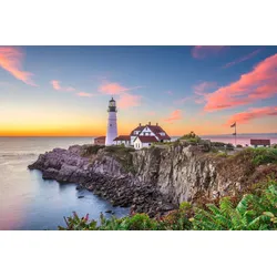Fototapete PAPERMOON "LEUCHTTURM-PORTLAND MAINE WIESE MEER OZEAN KÜSTE STRAND", bunt, B:3,00m L:2,23m, Vlies, Tapeten