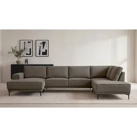 OTTO home Wohnlandschaft XXL Sofa Oland, Struktur, Flachgewebe, Luxus-Microfaser, Boucle, U-Form, 345 cm, Wellenunterfederung, Skandi-Design, Metallfüße braun
