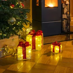 Haushalt International 3er Set beleuchtete Geschenkboxen Weihnachten Deko Lampe beige