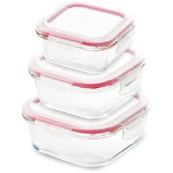 BERGNER - Set mit 3 quadratischen, luftdichten Lunchboxen aus Borosilikatglas in Rot