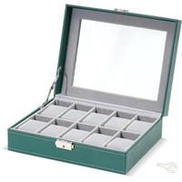 TRIXES Grüne Uhrenbox aus Kunstleder mit 10 Fächern – Uhren-Organizer mit Glasfenster – Box mit abnehmbaren Kissen
