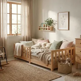 ecomi Kinderbett mit Rausfallschutz 90 x 200 cm Kiefer massiv natur