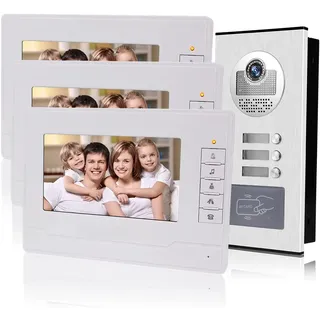 KDL Heimat 7" RFID Video Türklingel Intercom Türsprechanlage 3 Monitore mit 1 IR-Kamera Nachtsicht 800x480 Hohe Auflösung für Multi Apartments/Familien