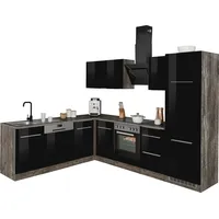 kochstation Winkelküche L-Form 280 cm schwarz hochglanz