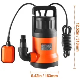 Vevor Schmutzwasserpumpe, 700 W, 15700 L/h hoher Durchfluss, 10,1 m Förderhöhe, Tauchpumpe, tragbare Wasserpumpe mit 3 m langem Netzkabel zum Abpumpen von Wasser aus Schwimmbecken, Gartenteich, Keller