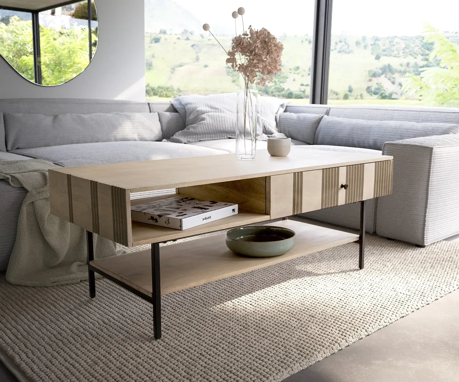 DELIFE Table-basse Nereos 130x60 cm Manguier White Wash Métal noir, Tables basses