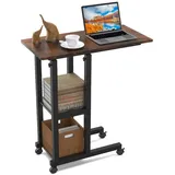 JEOBEST Beistelltisch Couchtisch mit Rollen Laptoptisch Höhenverstellbar Schreibtisch, Sofatisch Nachttisch Kaffeetisch mit 2 unteren Regalen, C-förmig braun