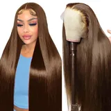 13x4 Echthaar Perücke HD Lace Front Wig Human Hair Chocolate Brown Perücke Damen Straight human hair Wig Vorgezupft mit Babyhaar 20inch(50cm)