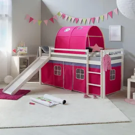 Homestyle4u Kinderbett mit Rutsche Stoffvorhang und Tunnel Kiefer weiß