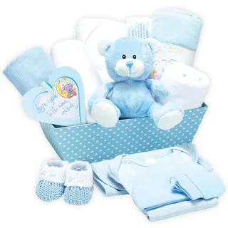 Baby Box Shop – 14 Babygeschenke zur Geburt Junge, ideal für Babypartys, Geschenke für Babypartys, mit neuen Baby-Essentials für Neugeborene Jungen und einem blauen Plüsch-Teddybären