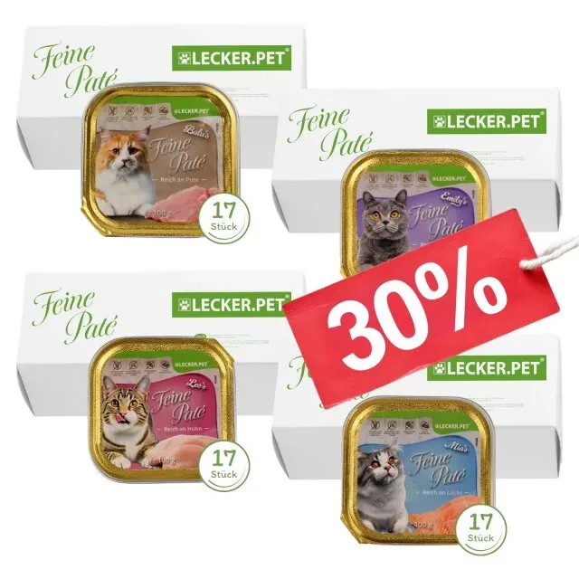 68 x 100 g Lecker.Pet® Balu's, Emily's, Leo's & Mia's Feine Paté Katzenfutter Nassfutter Mix Vollnahrung - je Sorte 17 Schalen