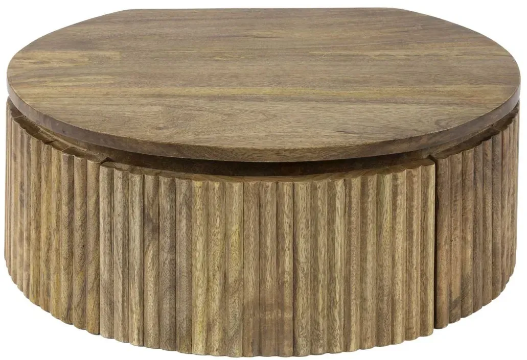 Nachttisch Vagula aus massivem Mangoholz, rundes Wellen Design, Natur, schwebend mit Schublade