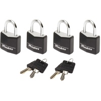 MASTER LOCK Kleine Vorhängeschlosser Set [Schlüssel] [4er-Pack] [Familienpackung] [Gleichschliessend] 9120EURQBLKNOP - Ideal für Rucksäcke, Gepäck, Computertaschen und mehr