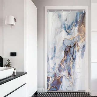 ASDCXZ Marmor Duschvorhang 90x180 cm, Modern Abstrakt Kunst Blau Gold Weiß Marmor Optik Textur Bad Waschbar Duschvorhänge Polyester Textil Wasserdicht Badevorhang für Badewanne mit 6 Haken