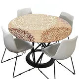 Morbuy Tischdecke Outdoor Rund 180 cm, Elastisch Rund Abwaschbar Tischdecken Wasserabweisend Lotuseffekt Garten Tischdecke Beige Mandala Table Cloth, Ideal für 160cm-170cm