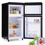 Merax Retro Kühlschrank, Doppeltür, 72L Gesamtvolumen, 21L Gefrierfach, Energieklasse E, 120 kWh/Jahr, LED-Beleuchtung, 3 verstellbare Einlegeböden Schwarz