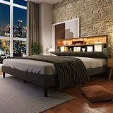 Merax Flieks Polsterbett aus Leinen mit Stauraum-Kopfteil - Lattenrost aus Holz Grau