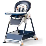 Reenborn PU-Leder Kinderhochstuhl, Klappbarer Hochstuhl Baby mit Liegefunktion, Hochstuhl mit 6 Höhen 3 Liegepositionen, Baby Essen Stuhl Abnehmbaren Doppeltabletts und Rädern (808 Blue)