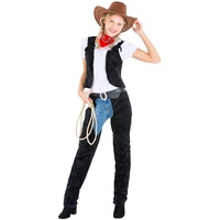 dressforfun Frauenkostüm Cowgirl | Stretch- Shirt + Weste + Chap und Halstuch | Cowboy Sheriff Faschingskostüm (XL | Nr. 300562)