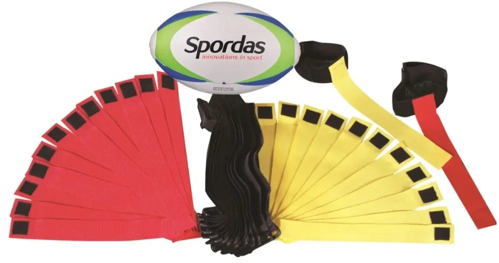 Tag Rugby Set für Kinder Gr. 4 mit Klettbändern, Ball rot/blau/gelb PVC/Nylon - Spordas - Gleichgewicht, Propriozeption