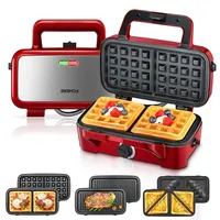 Sandwichmaker 3 in 1, 1200W Waffeleisen/Kontaktgrill/Sandwichtoaster, 5-Gang-Temperaturregelung, Antihaftbeschichter Plattensets, Wärmeisoliertem Griff, Spülmaschinengeeignet, LED-Leuchten, Rot