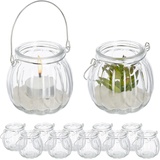 Relaxdays Windlicht Glas, 12er Set, Teelichthalter mit silbernem Henkel, HxD: 7,5 x 8 cm, Kerzenglas, rund, transparent