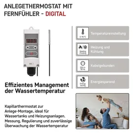 EMOS P5684 Anlegethermostat mit Fernfühler einstellbarer Schaltempfindlichkeit digitalem Display 5 bis 90 °C 45 x 45 x 130 mm