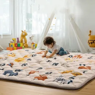Faltbare Baby-Spielmatte 200×180 cm, weich & rutschfest, dicks gepolstert aus Baumwolle - Krabbelmatte für Kleinkinder, Beige, mit Tiermotiven (B... - Beige