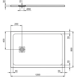 Ideal Standard Ultra Flat S + 1200x800mm Abl.25cm Mitte/Seite Weiss, T5594FR T5594FR
