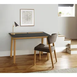Schreibtisch WOODMAN "Mati", braun (eichefarben, schwarz), B:115cm H:75cm T:50cm, Tische, mit zwei Ledertaschen an der Seite des Tisches für Stauraum