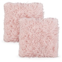 Relaxdays 2 x Flauschige Kissen, mit Füllung, Fellkissen kuschelweich, Fluffy Zottel Bezug, Plüsch Zierkissen 35x40 cm, rosa